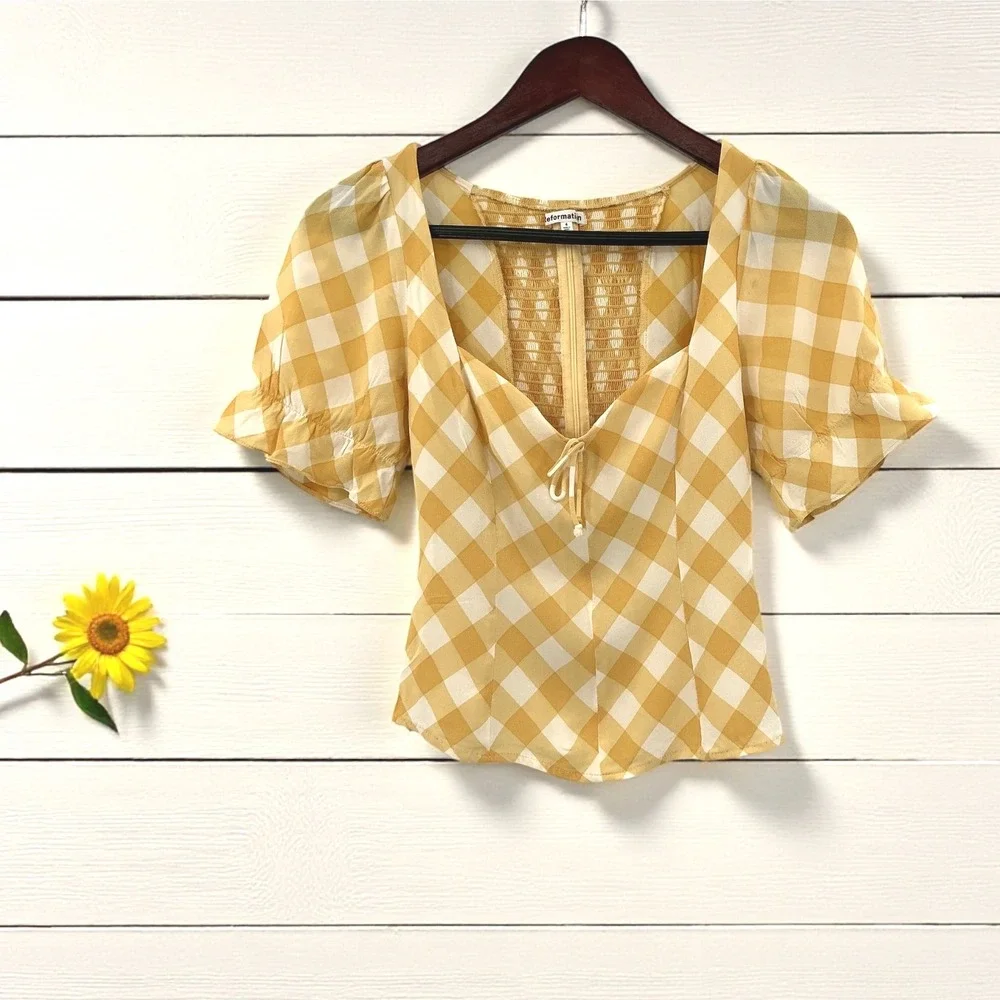 Reformation Yellow Gingham Puff Sleeve Top | Cottagecore Coquette | Size 4